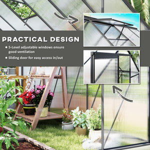 Ground-level greenhouse with adjustable roof ventilation, galvanized base, sliding door and gutter, anthracite grey
