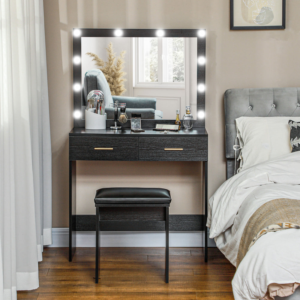 Dressing table with stool, LED illuminated mirror and drawers, black