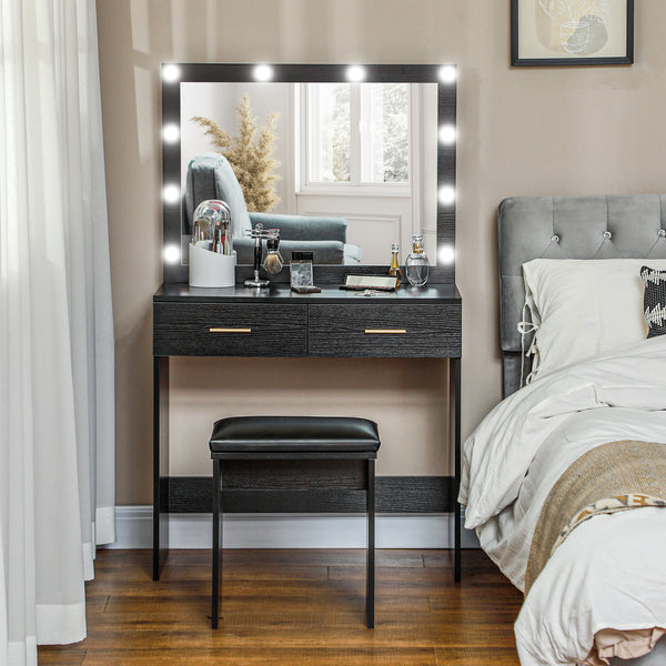 Dressing table with stool, LED illuminated mirror and drawers, black