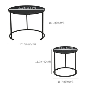 Set of 2 Modern Round Coffee Tables with Faux Marble Top and Metal Frame, Black
