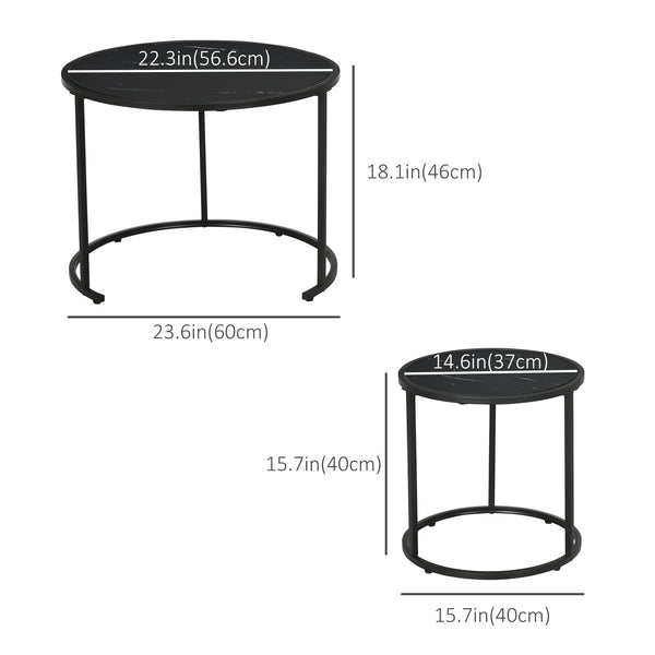 Set of 2 Modern Round Coffee Tables with Faux Marble Top and Metal Frame, Black