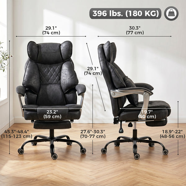 Oversized ergonomic office chair with footrest and 135° reclining backrest, black