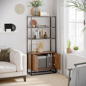 Storage unit with 3 open shelves and closed cupboard, rustic brown