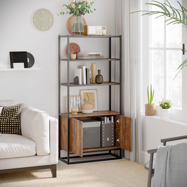 Storage unit with 3 open shelves and closed cupboard, rustic brown