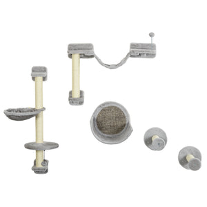 Wall shelves with hammock, scratching post, perches and ladder, light grey