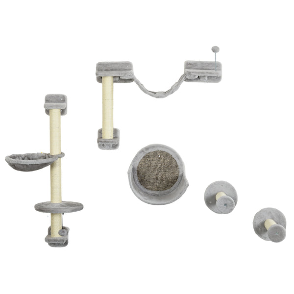 Wall shelves with hammock, scratching post, perches and ladder, light grey