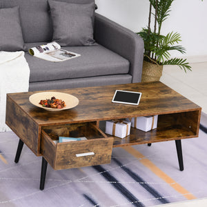 Retro coffee table with storage shelf and drawer, rustic brown