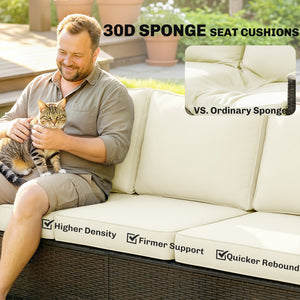 3-seater outdoor sofa in woven resin, wide seat, 10 cm cushions, wood-look armrests, off-white