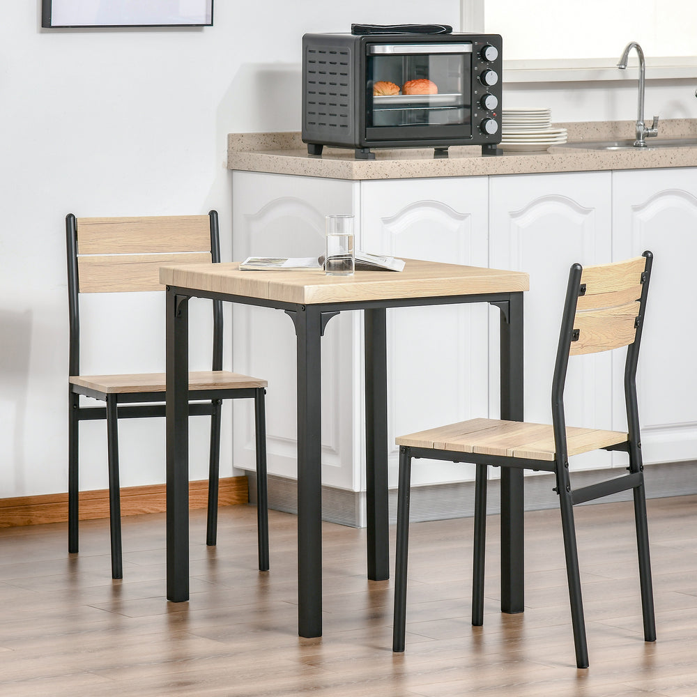 3-piece table and chairs set with metal legs, in natural wood.