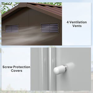 Outdoor metal garden shed with lock and ventilation, dark brown