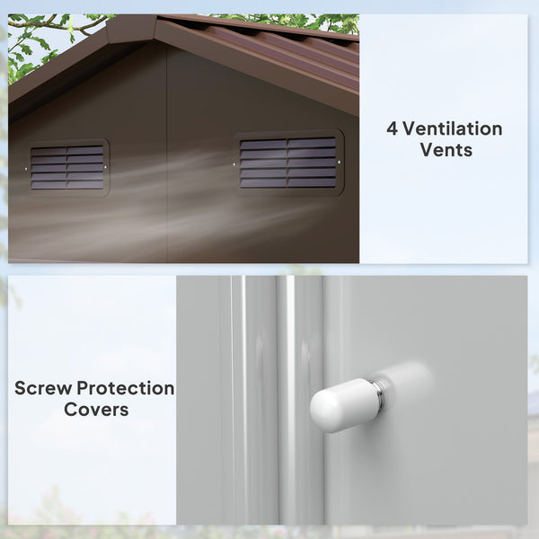 Outdoor metal garden shed with lock and ventilation, dark brown