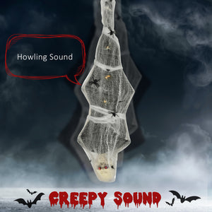 1.4m Life Size Halloween Decoration, Animated Spider Web Hanging Mummy with Sound &amp; Motion Activated, Light-Up Eyes, Spooky Sound