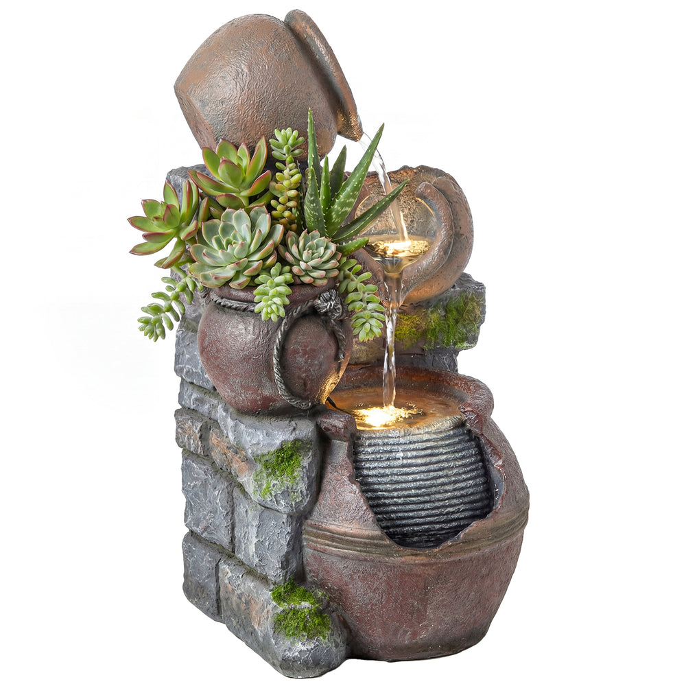 Outdoor fountain with 4-tier rustic pot, LED lighting, and adjustable flow.