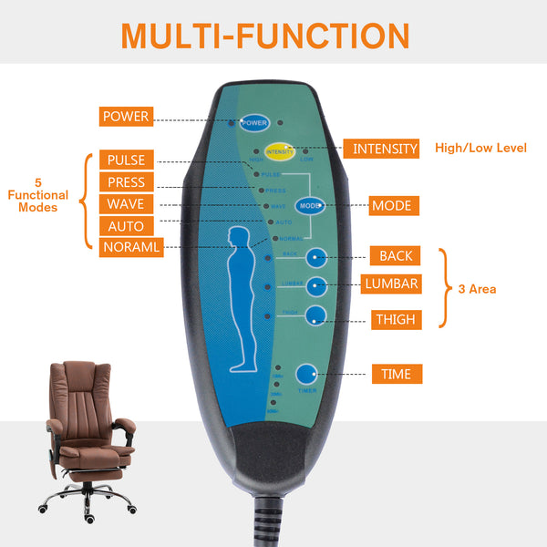 6-point vibrating massage chair, reclining, microfiber upholstery with retractable footrest, brown