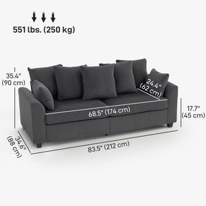 3-seater corduroy sofa with curved armrests and 8 removable cushions, dark grey