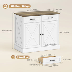 Kitchen Island with Seating, with 2 Drawers and 2 Adjustable Shelves for Dining Room, White