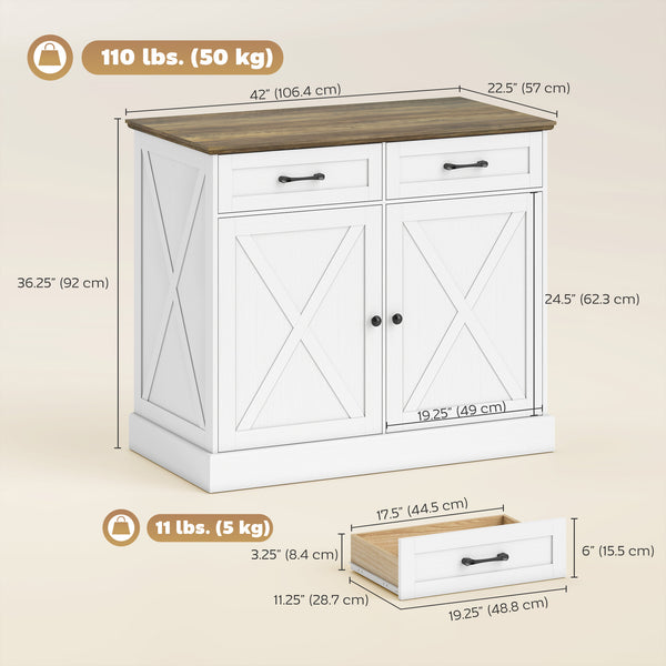Kitchen Island with Seating, with 2 Drawers and 2 Adjustable Shelves for Dining Room, White