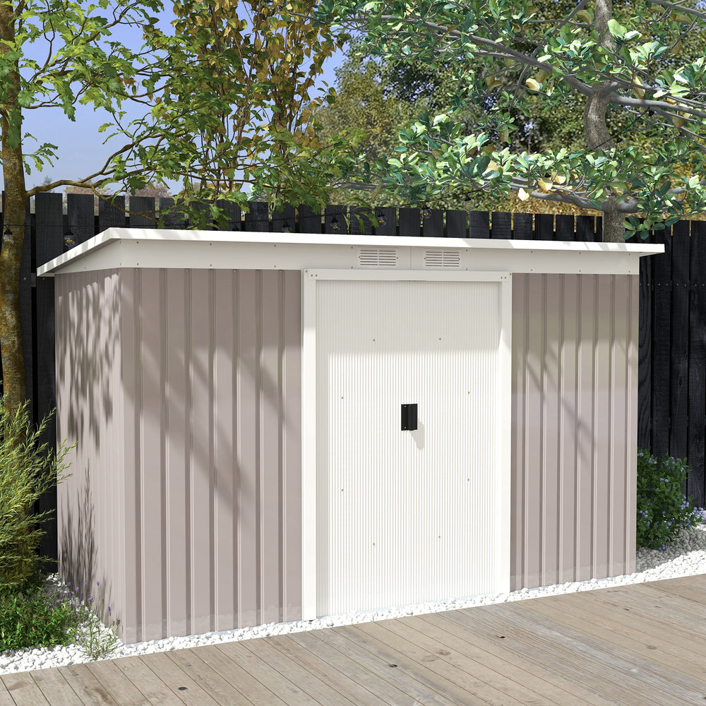 Metal garden shed with foundation kit, ventilation and doors, light grey