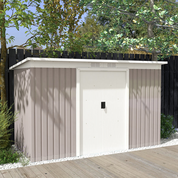 Metal garden shed with foundation kit, ventilation and doors, light grey