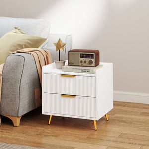 Bedside table with 2 drawers and gold metal legs, white