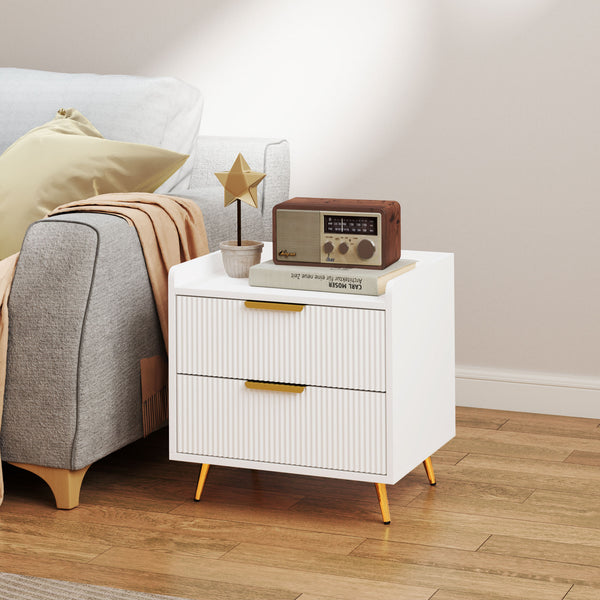 Bedside table with 2 drawers and gold metal legs, white