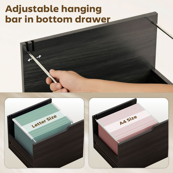 Black wood-effect mobile filing cabinet with file drawer and adjustable storage, dark grey