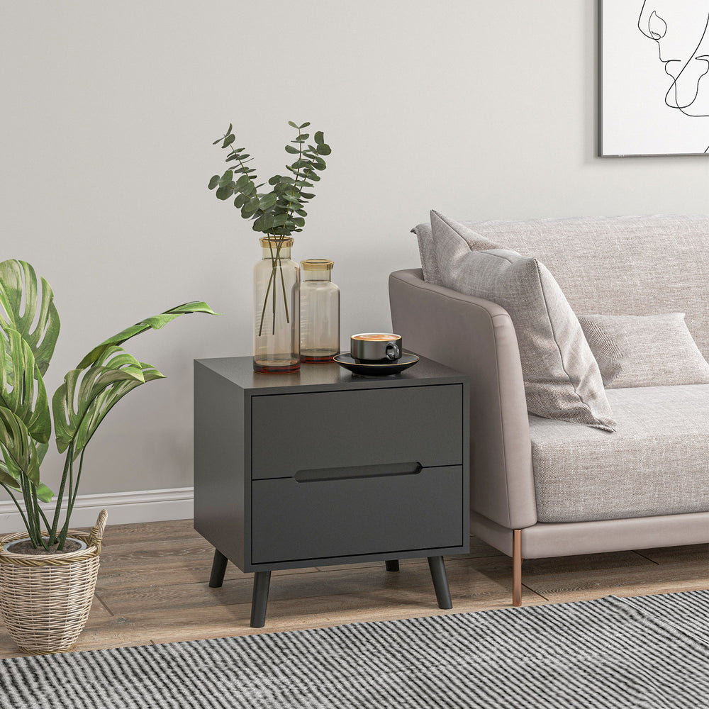 Modern bedside table with 2 drawers and solid wood legs, black