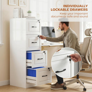 4-drawer vertical filing cabinet with lock, equipped with adjustable hanging rails for A4 and Letter sizes, white.