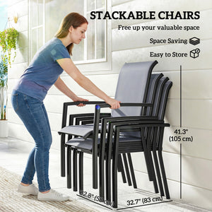 Stackable Patio Chairs Set of 4, Outdoor Dining Chairs with All Weather Breathable Mesh and Armrests, Grey