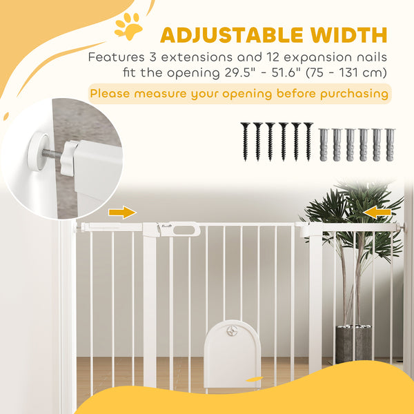 Extra Wide Pet Gate 30-52" with Small Door, Pressure Mount for Stairs, White