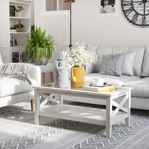 Farmhouse Style Coffee Table with Tempered Glass Top, White Oak