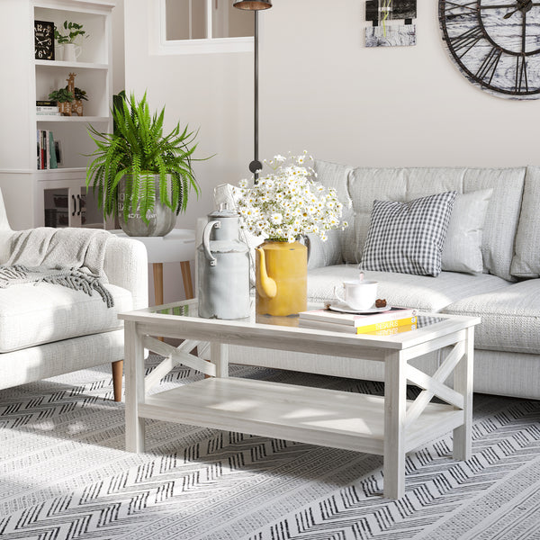 Farmhouse Style Coffee Table with Tempered Glass Top, White Oak