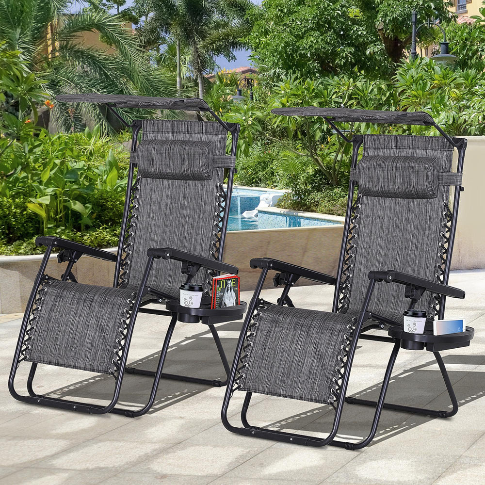 Set of 2 Outdoor Zero Gravity Chairs with Side Tray and Cup Holder, Reclining Lounge Chair with Breathable Mesh Fabric Seat, Pillow, Dark Grey