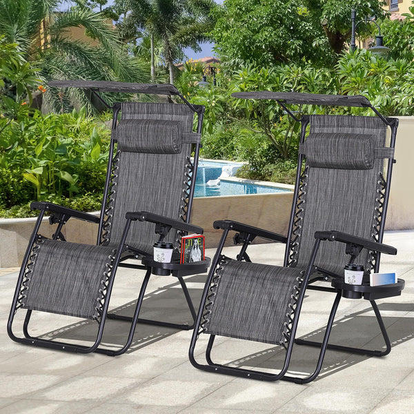 Set of 2 Outdoor Zero Gravity Chairs with Side Tray and Cup Holder, Reclining Lounge Chair with Breathable Mesh Fabric Seat, Pillow, Dark Grey
