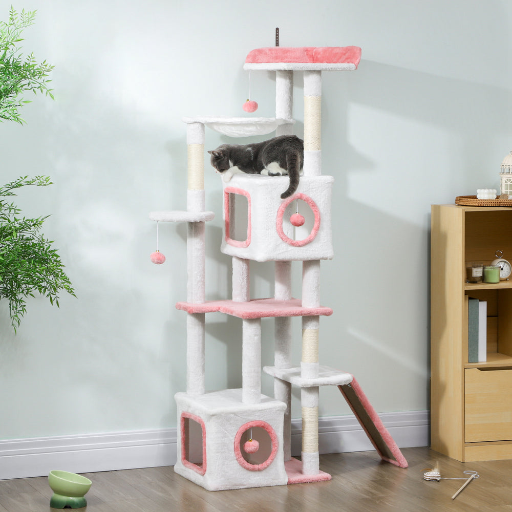 65-inch Cat Tree with 2 Doors, Plush Perch, Hammock, Sisal Scratching Posts, White