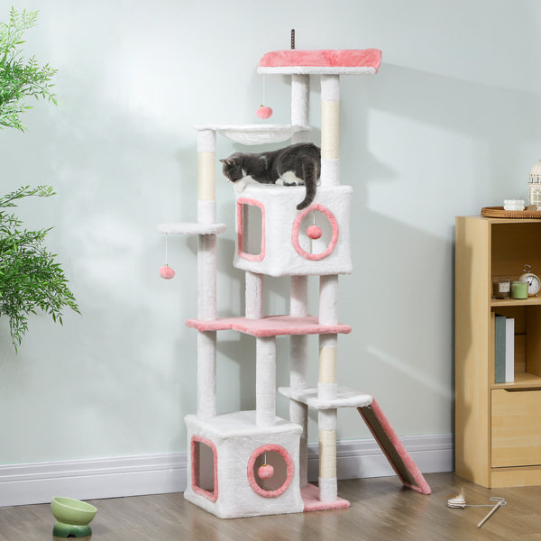 65-inch Cat Tree with 2 Doors, Plush Perch, Hammock, Sisal Scratching Posts, White
