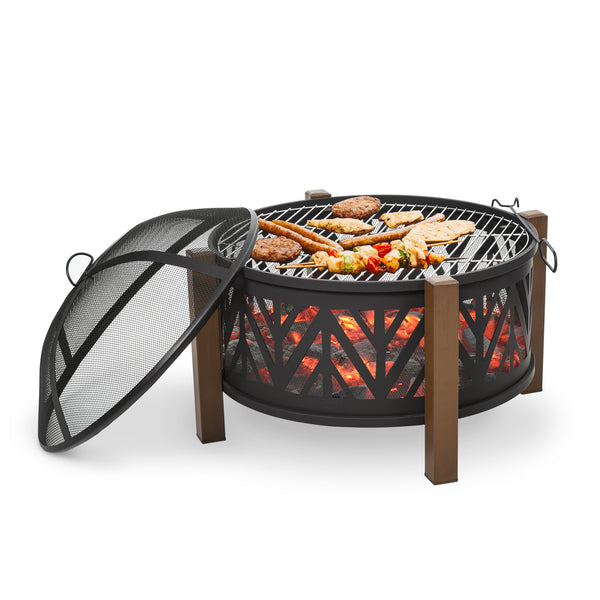 31" Outdoor Fire Pit, 2 in 1, with Lid, BBQ and Poker, for Garden and Camping, Black