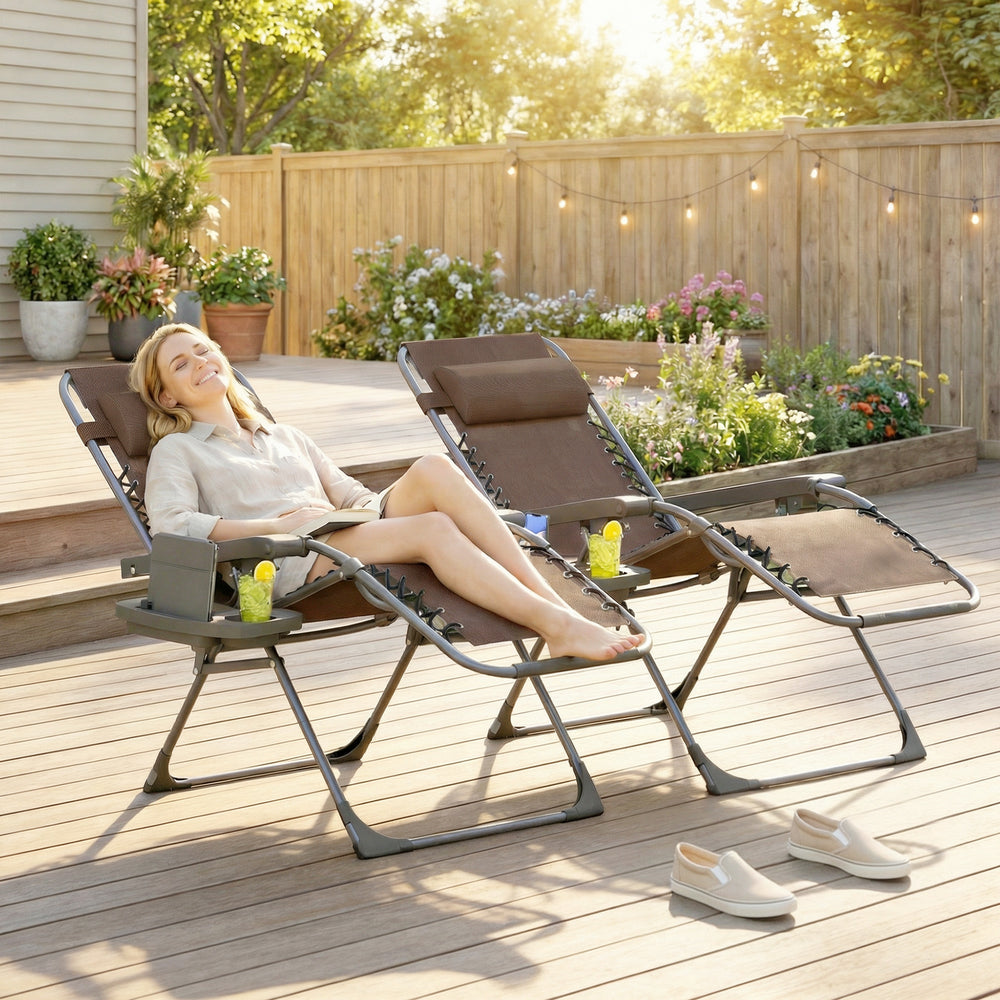 Set of 2 Zero Gravity Outdoor Lounge Chairs, Folding and Reclining, with Cup Holder and Headrest, Brown