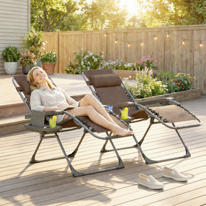 Set of 2 Zero Gravity Outdoor Lounge Chairs, Folding and Reclining, with Cup Holder and Headrest, Brown