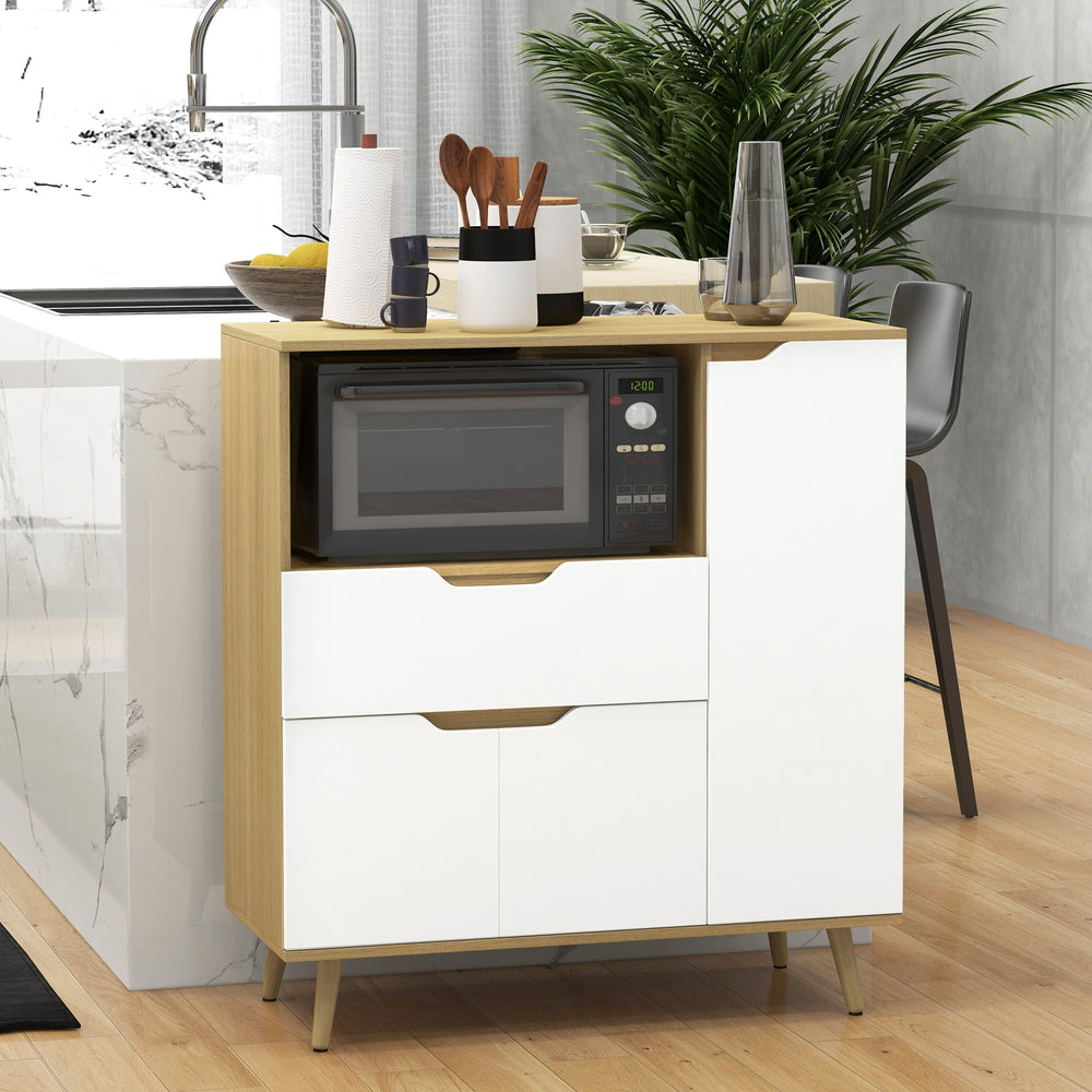 Modern microwave cabinet with drawer, storage, and cable management for kitchen and dining room, white.