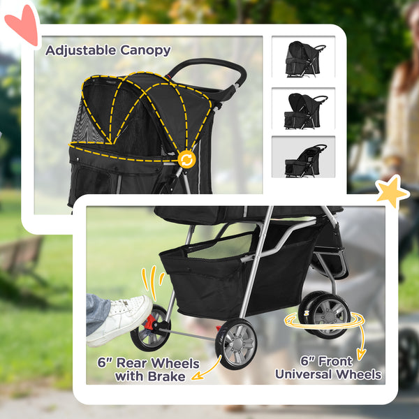3-Wheel Foldable Stroller with Storage Basket for Miniature and Small Dogs, Black