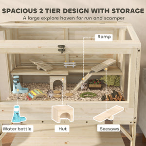 2-tier wooden hamster cage with storage and accessories