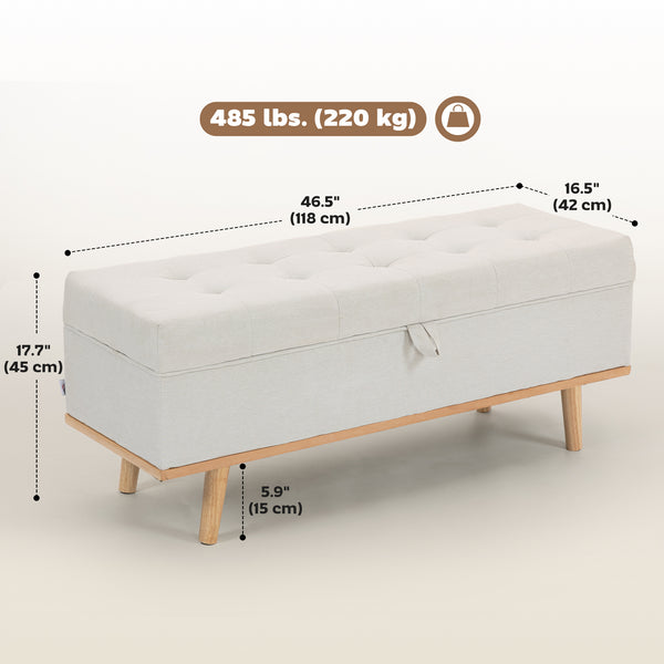 Storage Ottoman Bench with Lift-Up Lid and Wooden Legs, Cream White