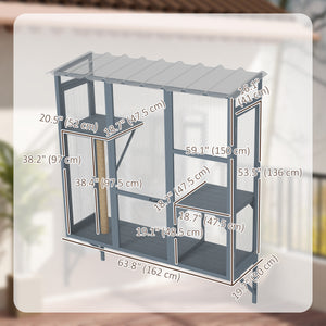 Wooden enclosure with window, 2 jumping platforms and a scratching post, grey.