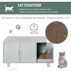 Litter box cabinet with scratching post, magnetic doors, grey
