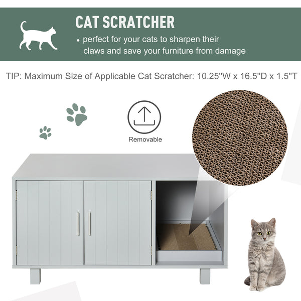 Litter box cabinet with scratching post, magnetic doors, grey