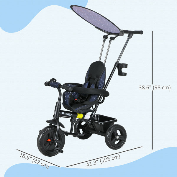 6 in 1 Kids Tricycle with Removable Handlebar and Canopy, Navy Blue