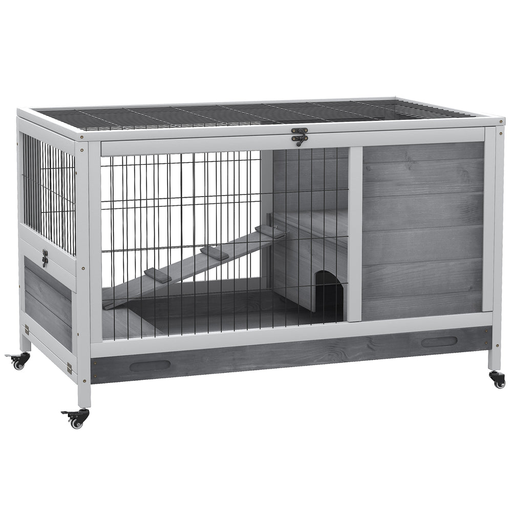 Indoor wooden hutch with enclosed run and wheels