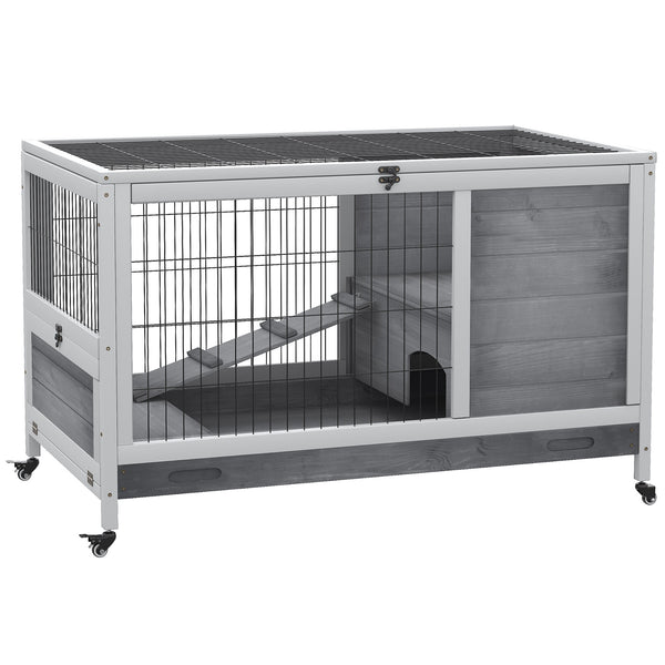 Indoor wooden hutch with enclosed run and wheels