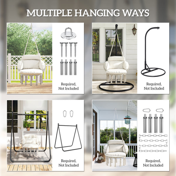 Boho Hammock Chair Swing Hanging Chair with Cushion, Chain, Steel Frame for Indoor Outdoor Bedroom Patio Balcony, Cream